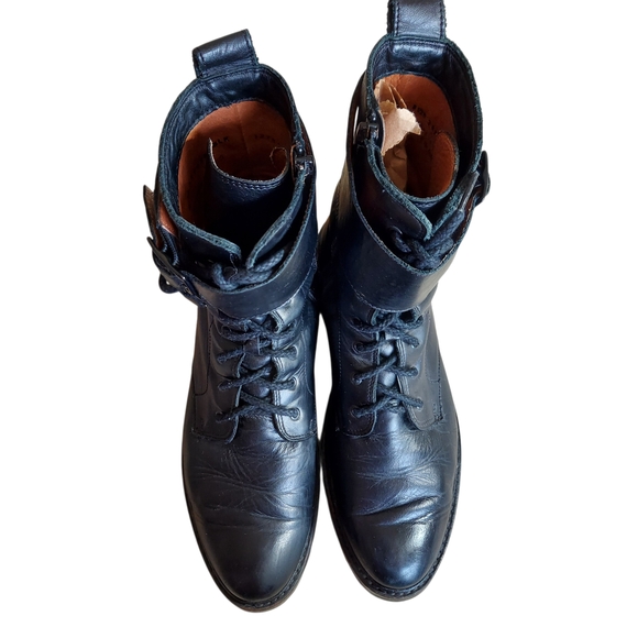 Frye Julie Biker Engineer Black Leather Lace-up Lug Sole Boots - Picture 14 of 15